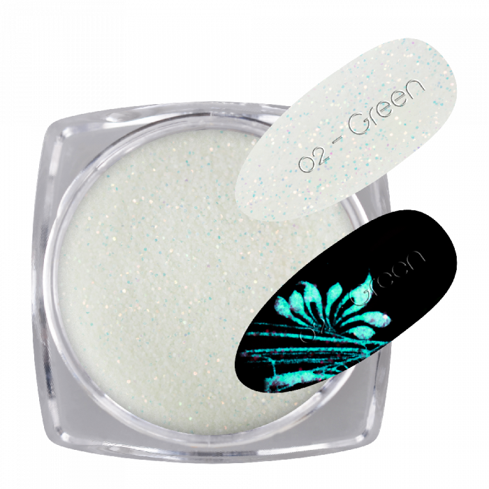 Glow Glitter White 02 - Green:Látványos fehér csillámló por, mely sötétben zöld színnel vil...