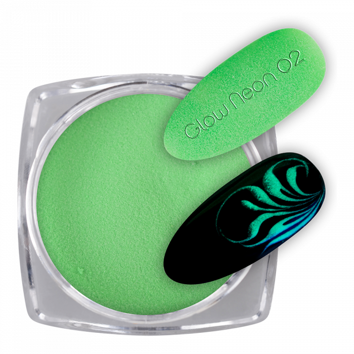 Pigmentpor Glow Neon 02:Neon zöld pigment por, mely napfénnyel feltöltődve a sötétben színese...