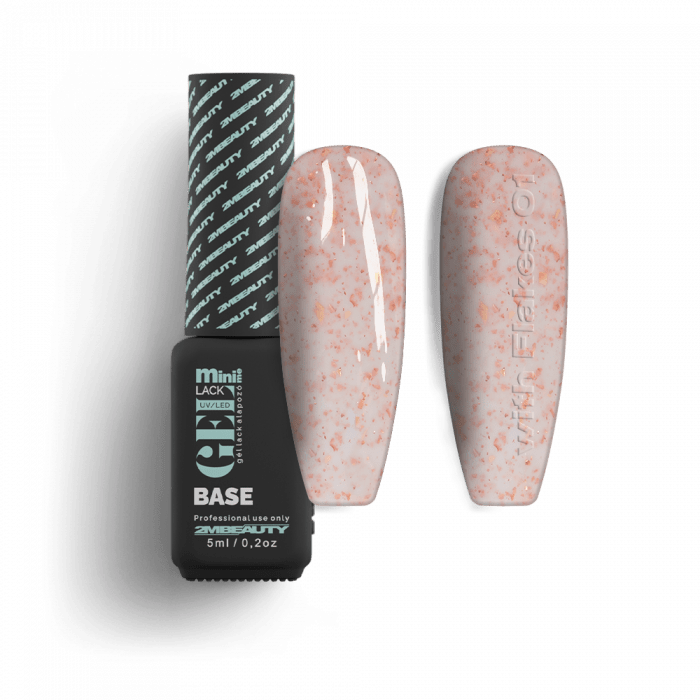 Gel Lack - Rubber Base With Flakes 01:Új színezett Rubber Base, mely díszítő fóliákat tartalm...
