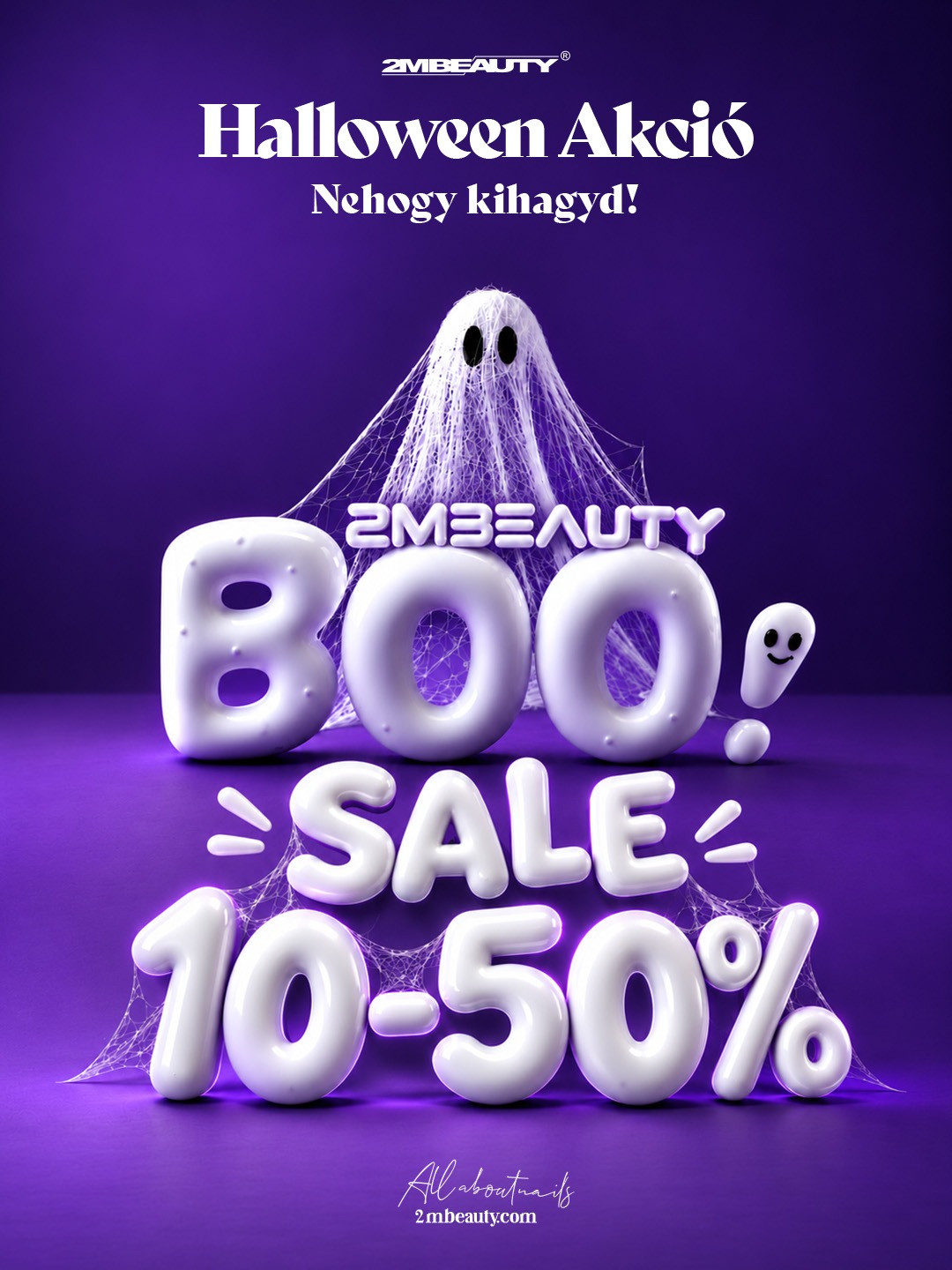 2MBEAUTY Halloween akció – fehér, felfújt „BOO!” és „SALE 10–50%” betűk pókhálóval és szellemmel lila háttéren