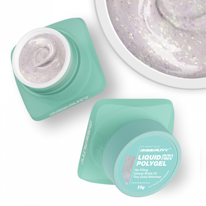 Liquid Polygel No Filing - Glossy Bride - 01 Tiny Gold Shimmer - HEMA Mentes Reszelésmentes Építőzselé (30g) (3)