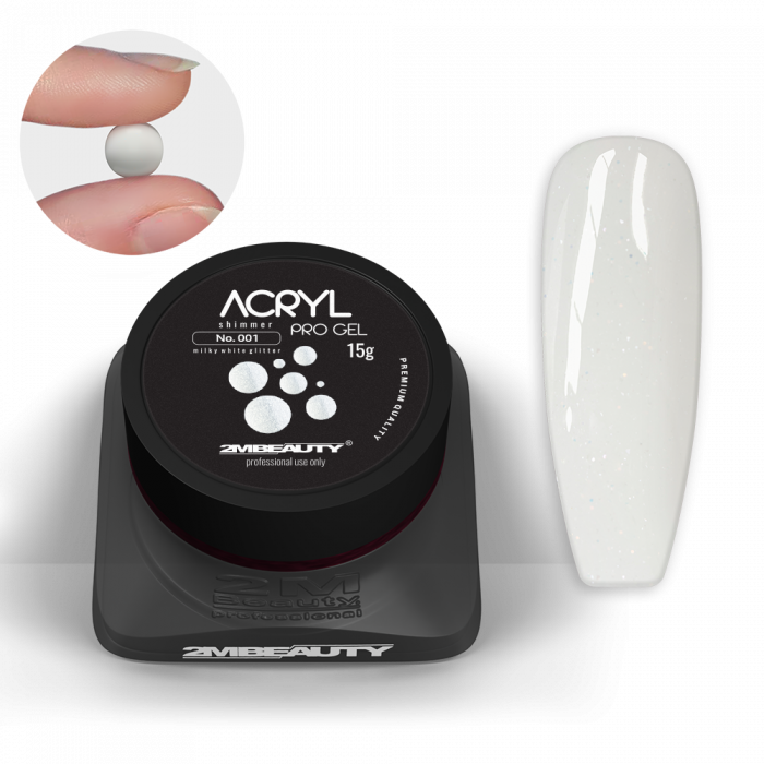 Acryl Pro Gel Shimmer 001 Milky White Glitter - HEMA Mentes Akrilzselé - Tégelyes (15g) (2)