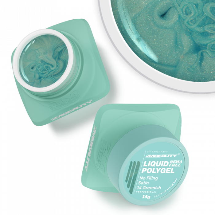 Liquid Polygel No Filing - Satin - 14 Greenish - HEMA Mentes Reszelésmentes Építőzselé (15g) (2)